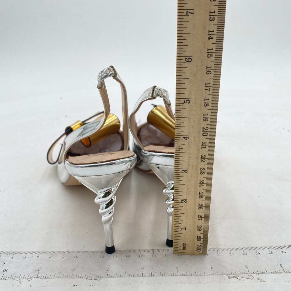 NWOT Silver Pointed Toe Slingback Slip on Dress Pumps Stiletto Heels w/gold bow - Picture 5 of 8